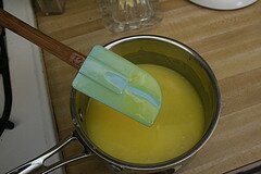 lemon curd done Lemon curd at proper temperature so that it coats the back of a spoon or spatula